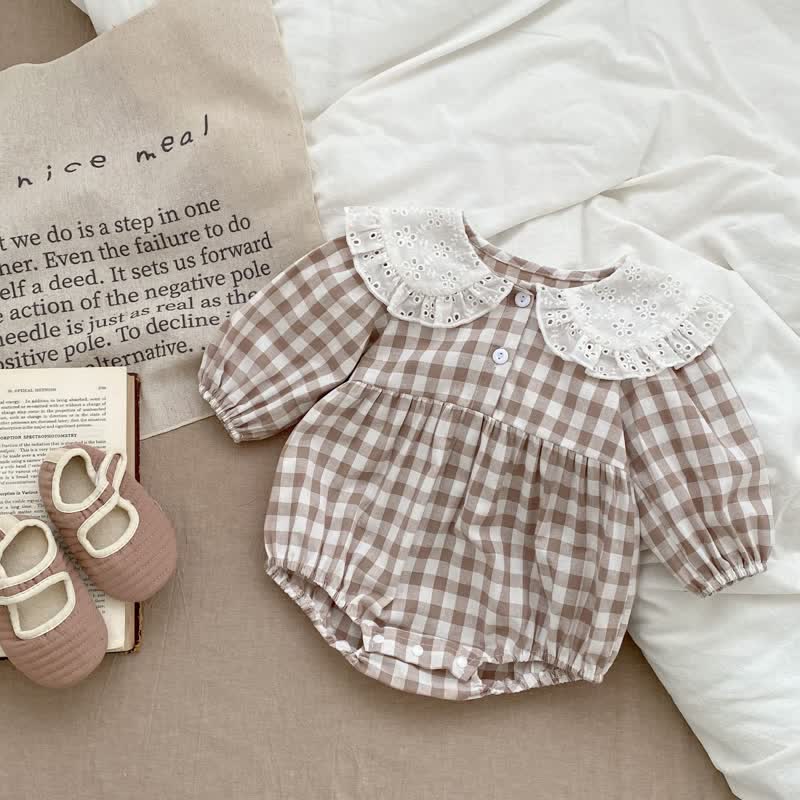 Baby Brown Plaid Lapels Bodysuit