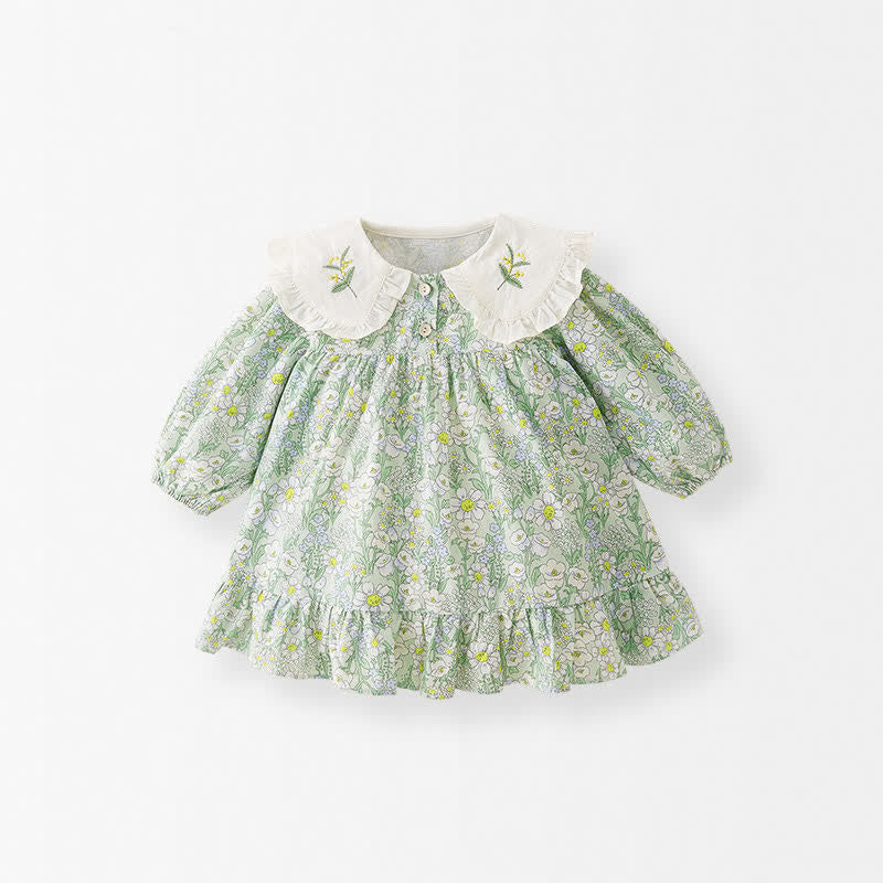 Toddler Girl Green Daisy Lapels Dress