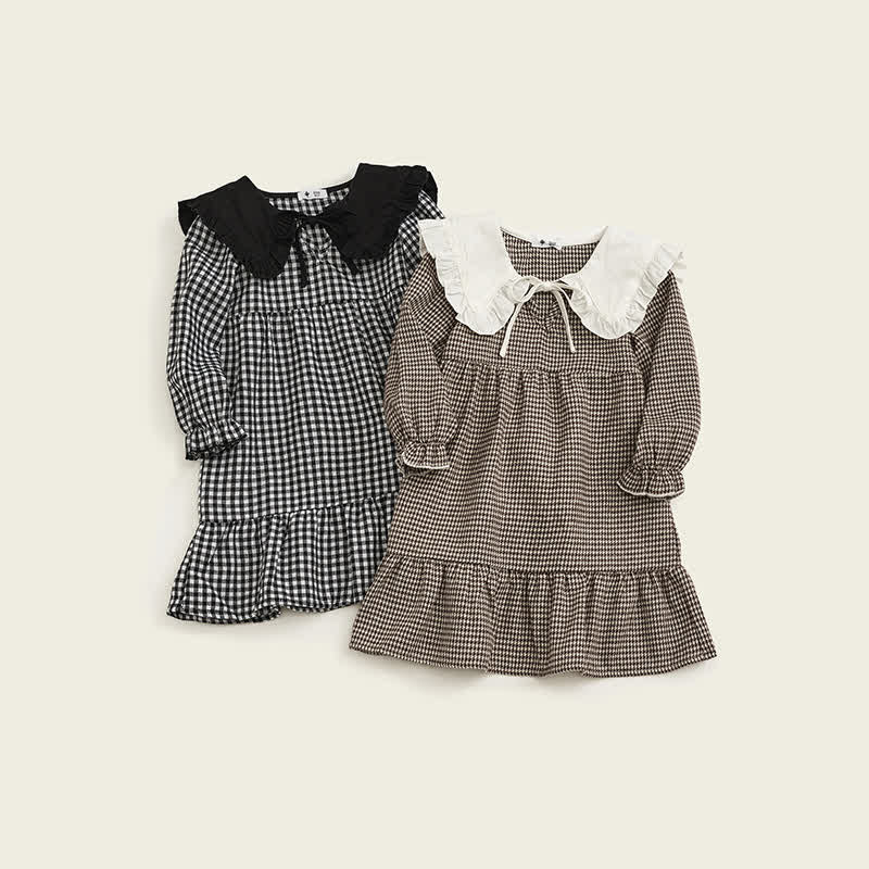 Kid Girl Lapel Plaid Long-sleeved Dress