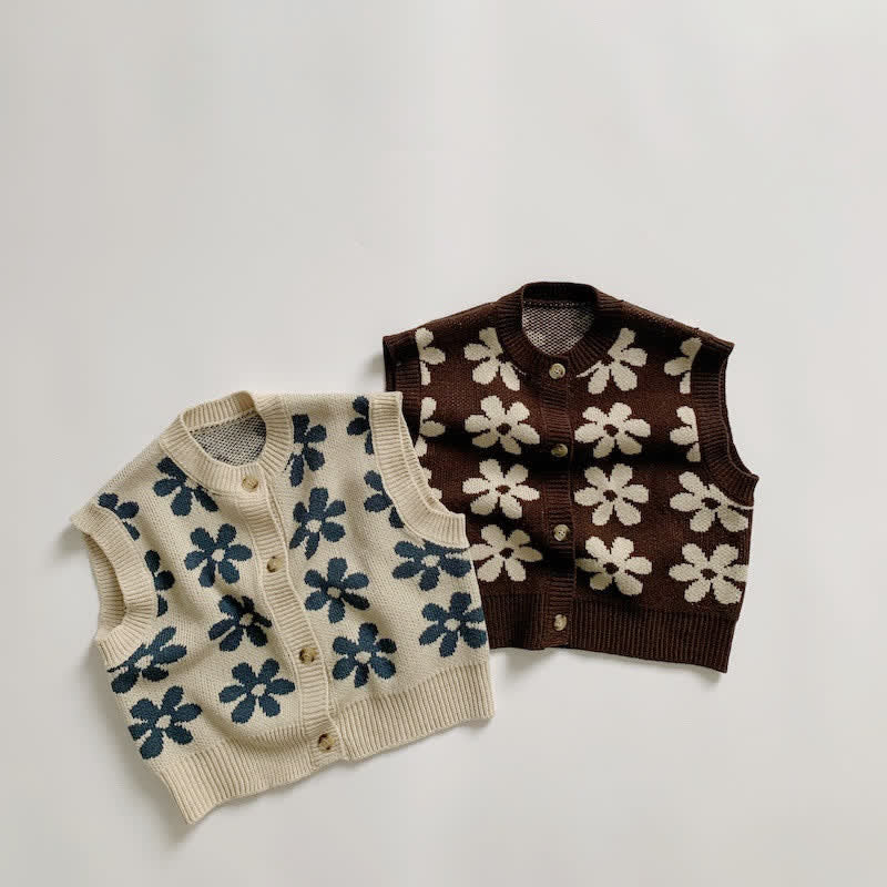 Toddler Vintage Flower Button Knit Vest