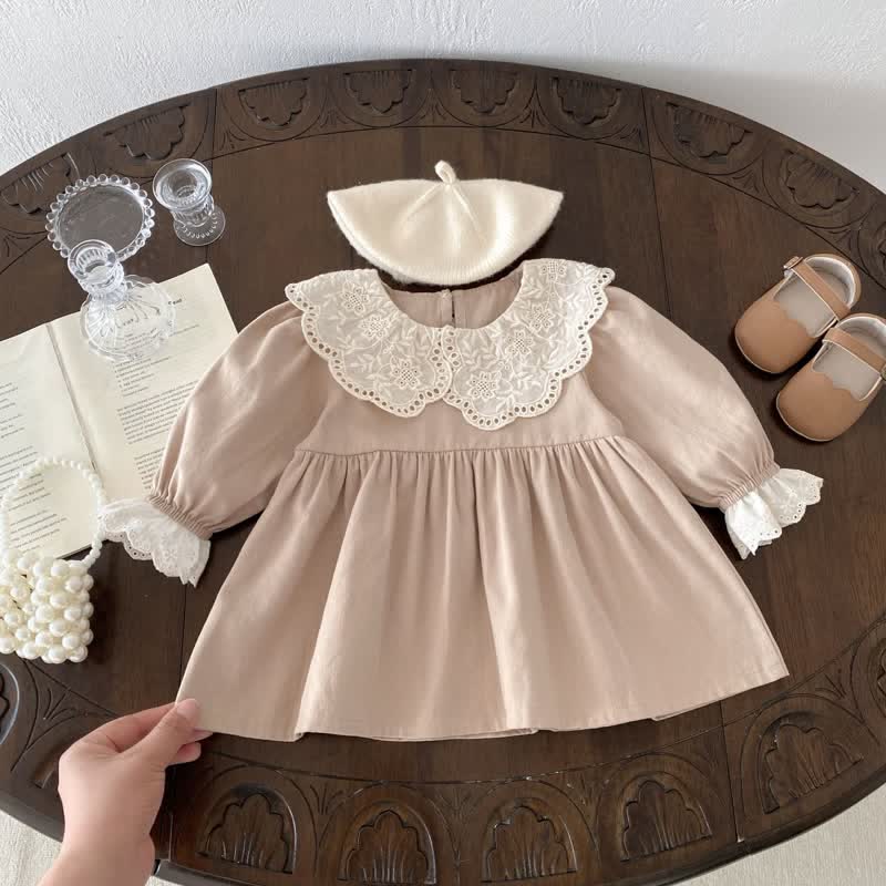 Baby Lace Flower Lapels Khaki Dress