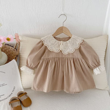 Baby Lace Flower Lapels Khaki Dress