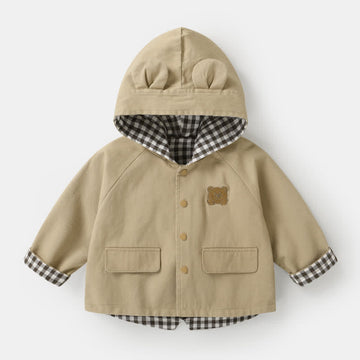 Baby Toddler Khaki Bear Hooded Plaid Coat