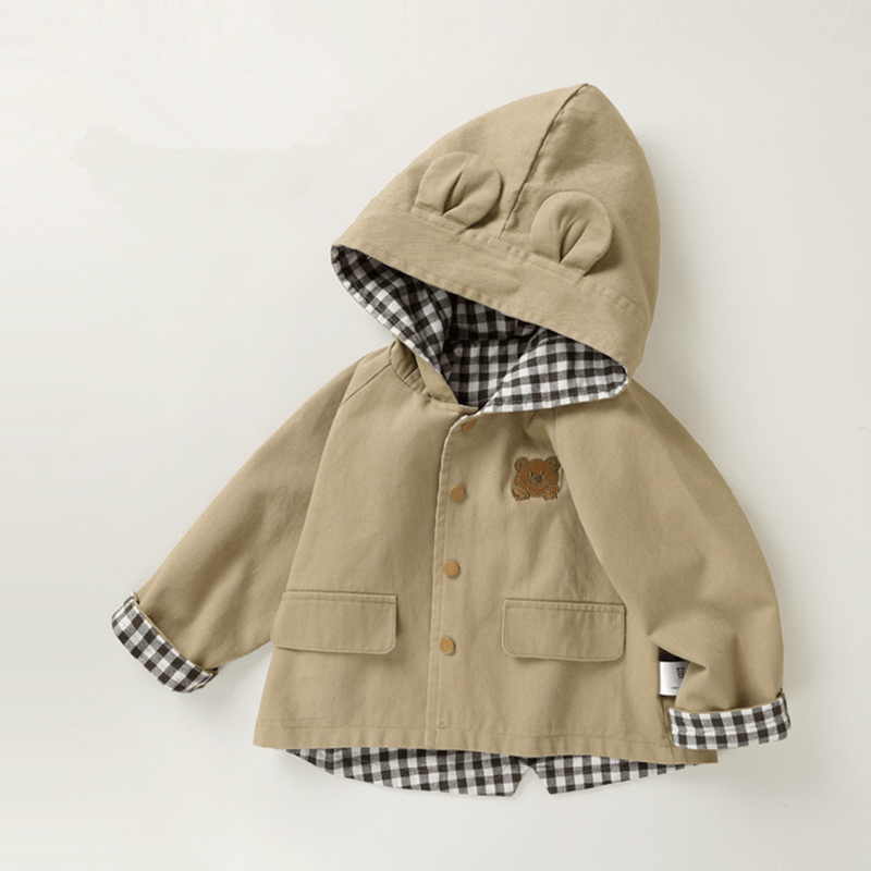 Baby Toddler Khaki Bear Hooded Plaid Coat