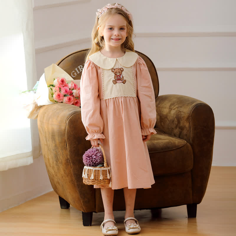 Toddler Embroidered Bear Pink Lapels Dress