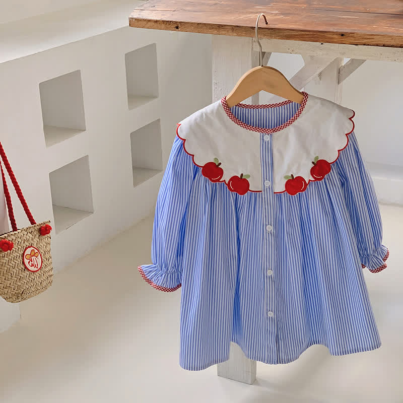 Toddler Embroidered Apple Blue Striped Dress