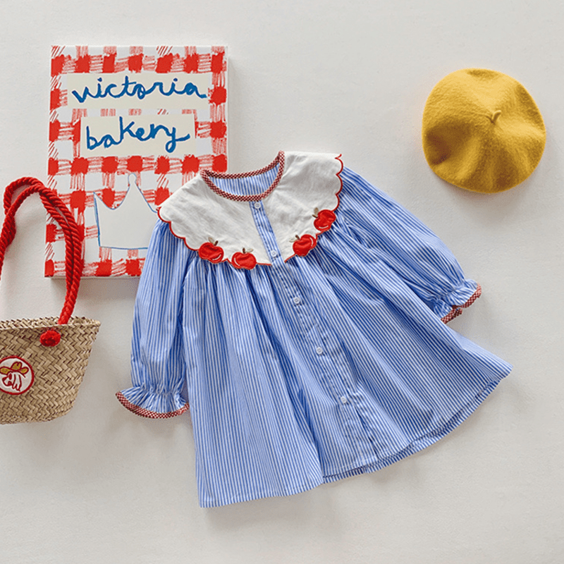 Toddler Embroidered Apple Blue Striped Dress