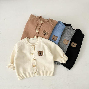 Kids Embroidered Bear Knit Cardigan Sweater