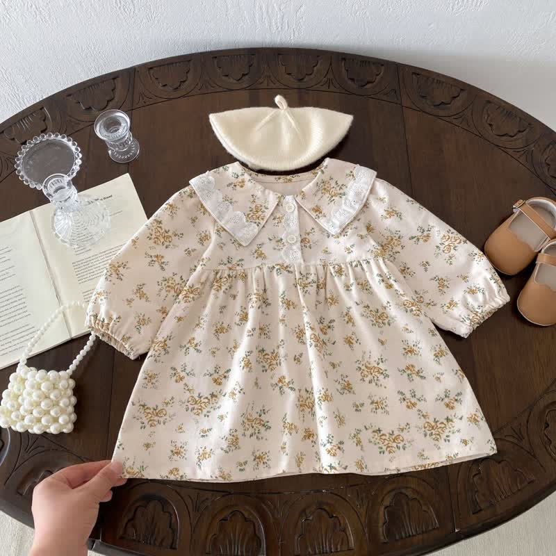 Baby Lace Lapels Flower Beige Dress