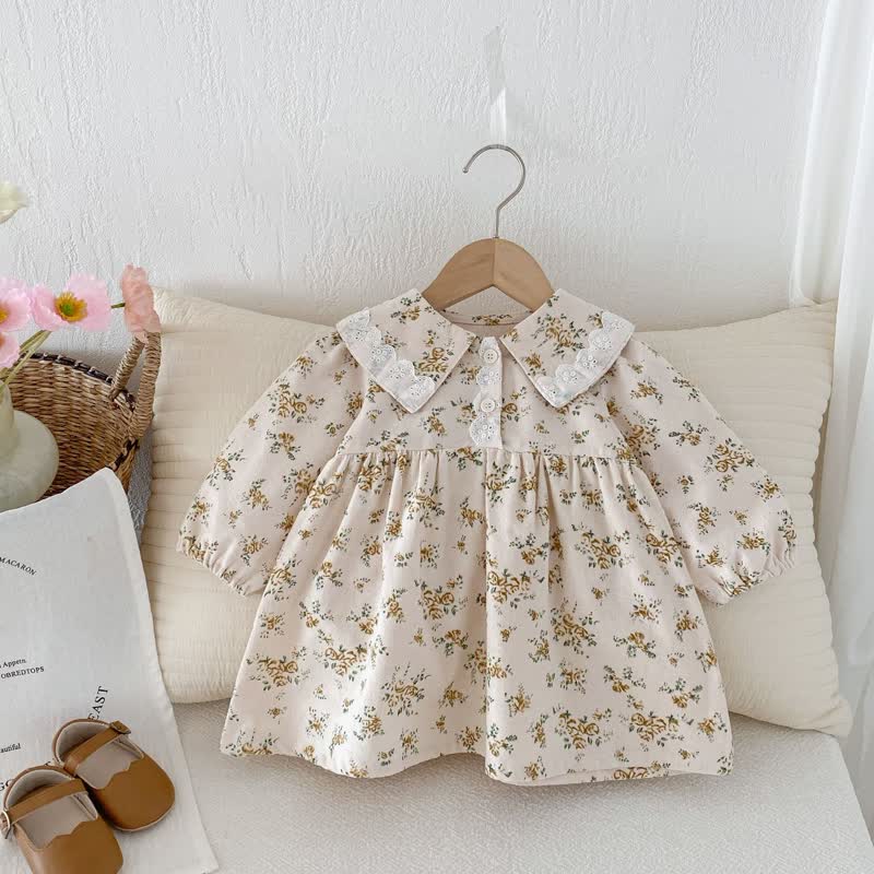 Baby Lace Lapels Flower Beige Dress