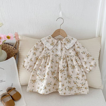 Baby Lace Lapels Flower Beige Dress