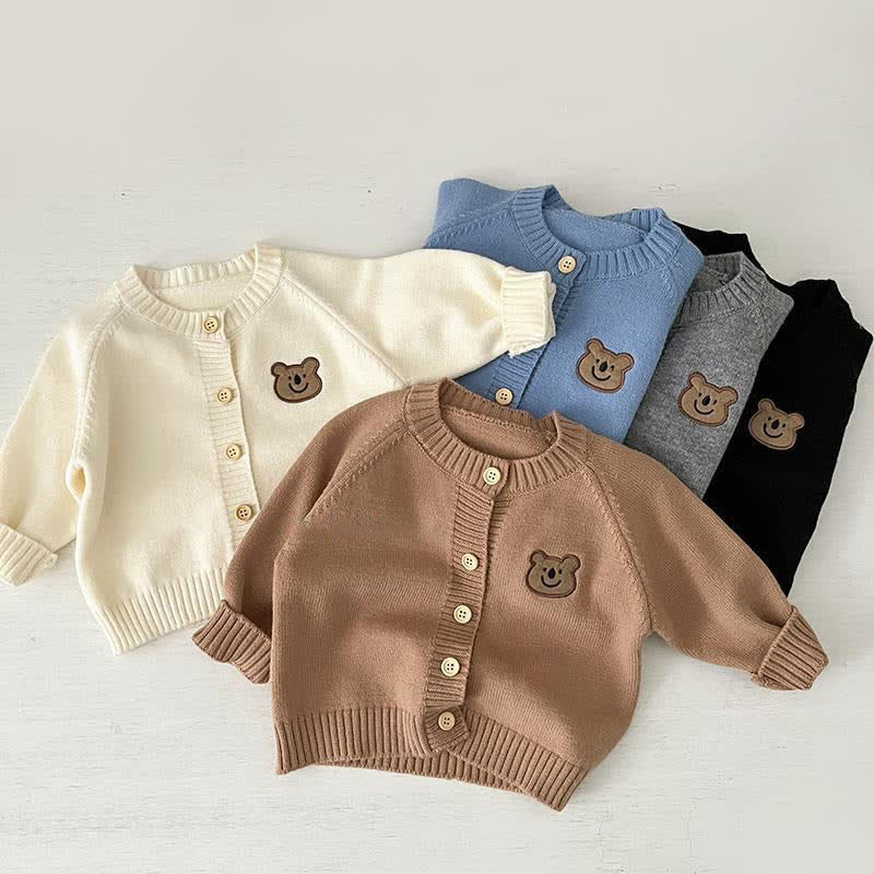 Kids Embroidered Bear Knit Cardigan Sweater