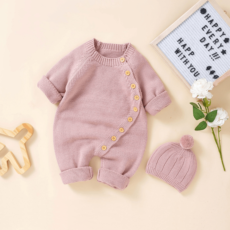 Baby Solid Color Knit Romper with Hat