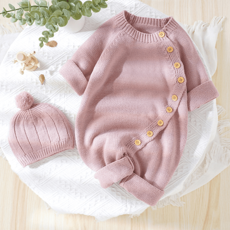 Baby Solid Color Knit Romper with Hat