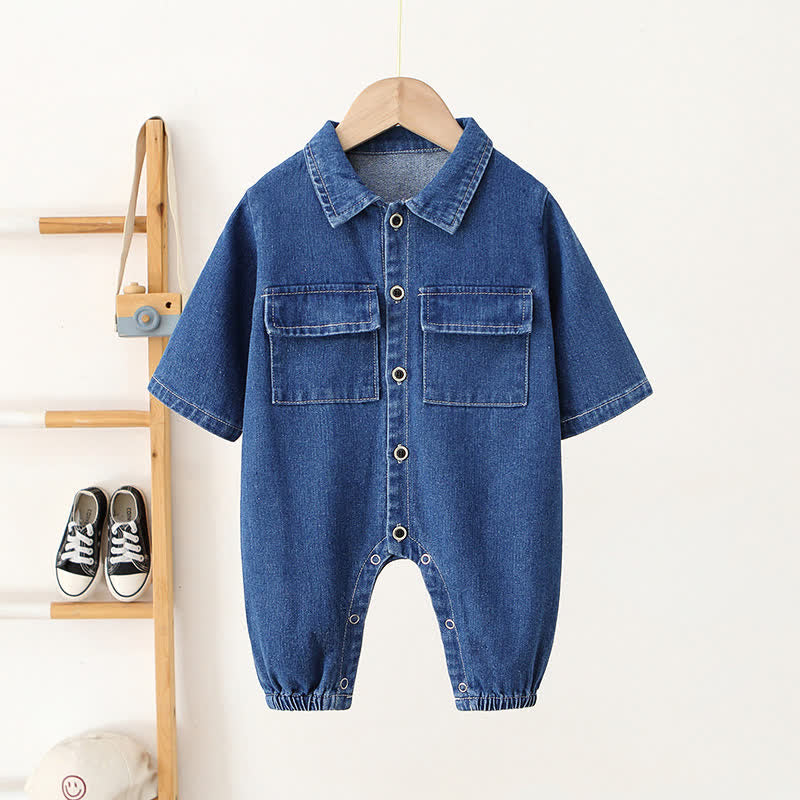 Baby Solid Color Blue Denim Romper