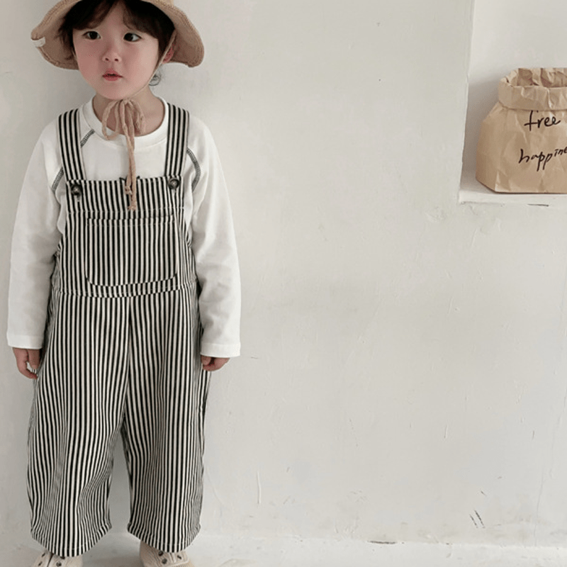 Toddler Loose Vertical Striped Black Overalls