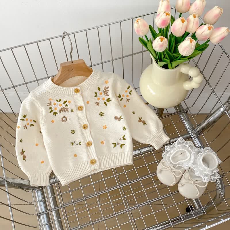 Baby Embroidered Floral Beige Knit Cardigan