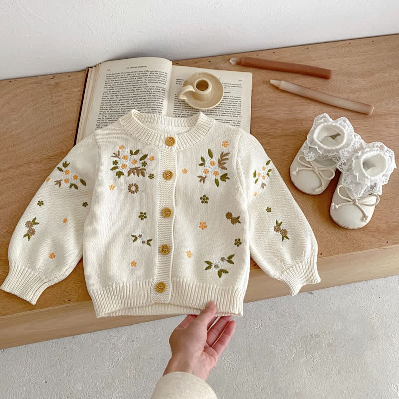 Baby Embroidered Floral Beige Knit Cardigan