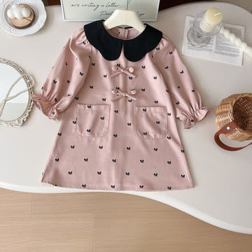 Toddler Lapels Bows Pocket Pink Dress