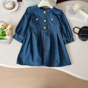 Toddler Elegance Denim Blue Button Dress