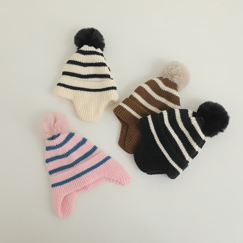 Toddler Earflaps Hairball Striped Knitted Beanie