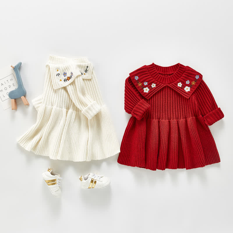 Baby Embroidered Flower Knitted Lapels Dress