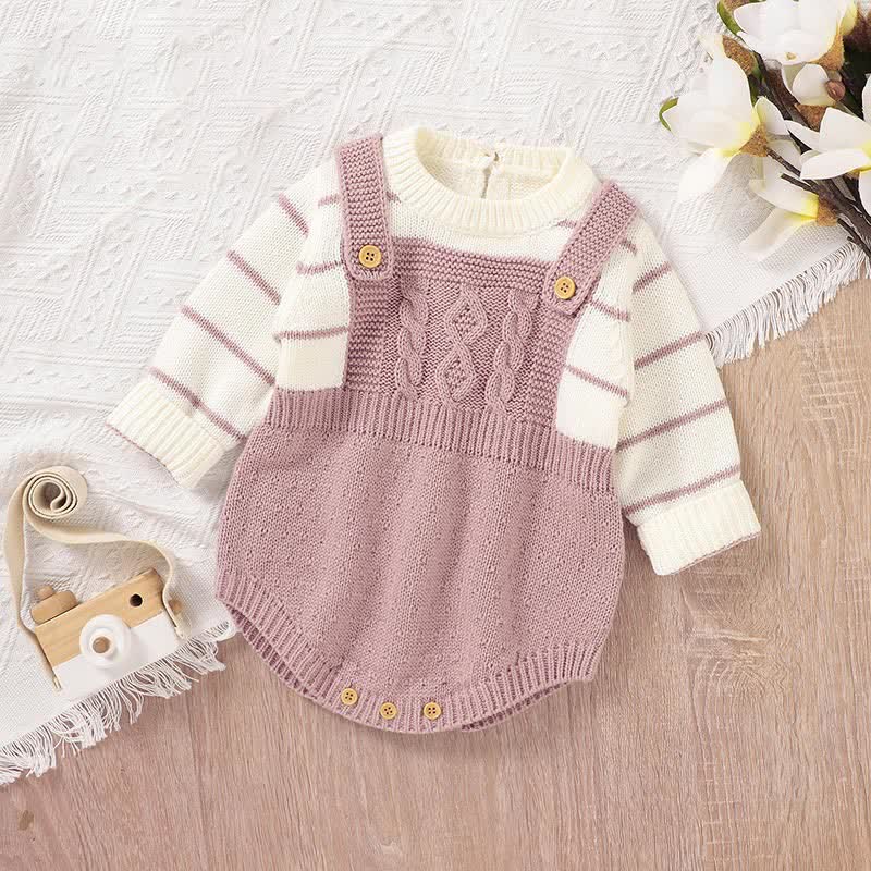 Baby Striped Knitted Fake 2pcs Bodysuit