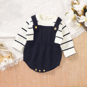 Baby Striped Knitted Fake 2pcs Bodysuit