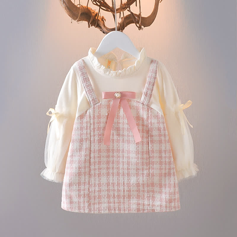 Baby Fake 2Pcs Bow Plaid Sweet Dress