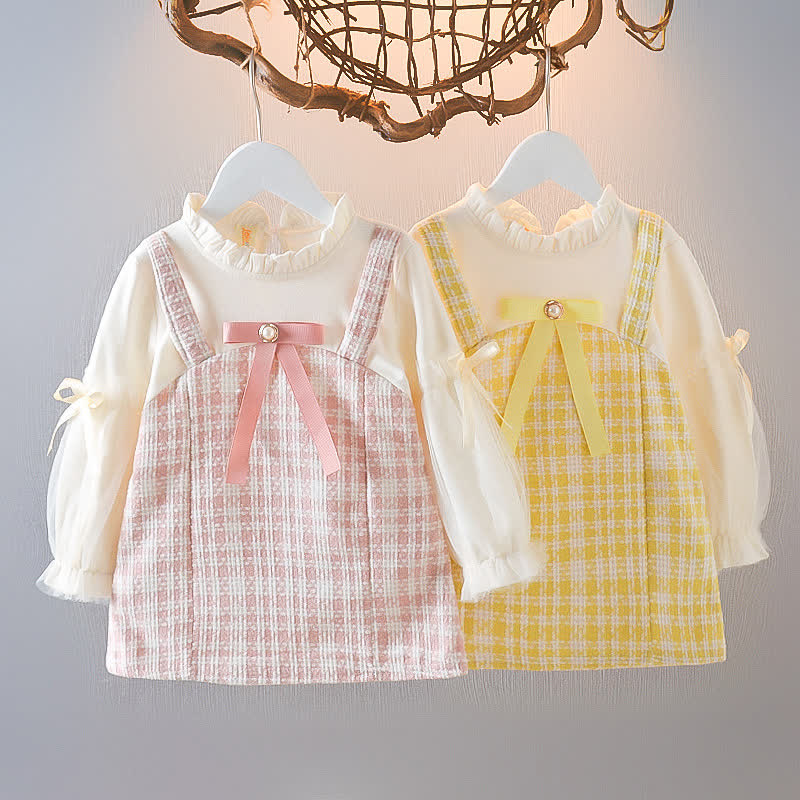 Baby Fake 2Pcs Bow Plaid Sweet Dress