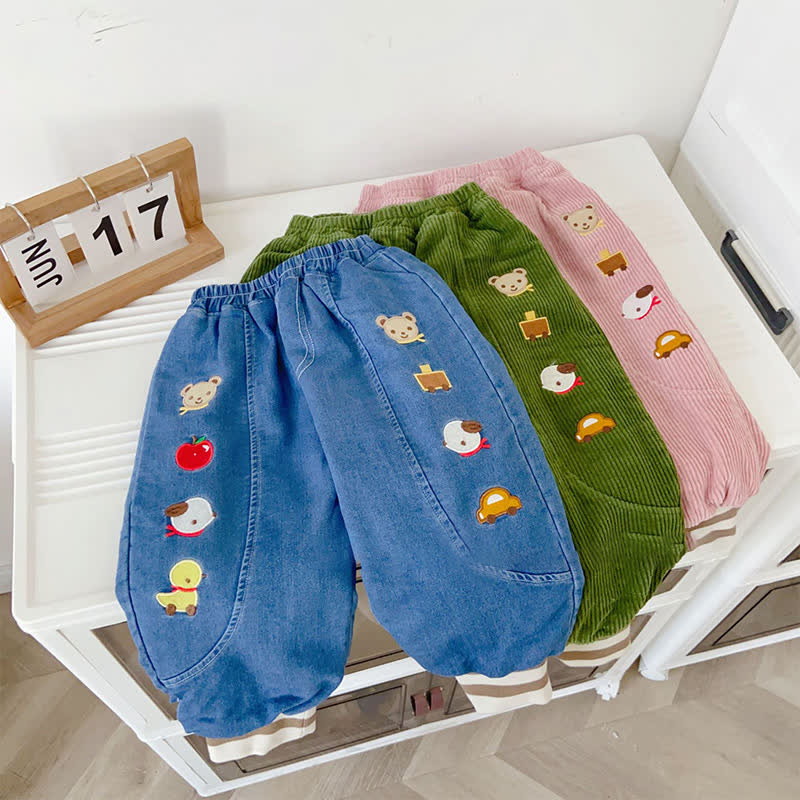 Toddler Cord Embroidered Animal Fleece Lined Pants