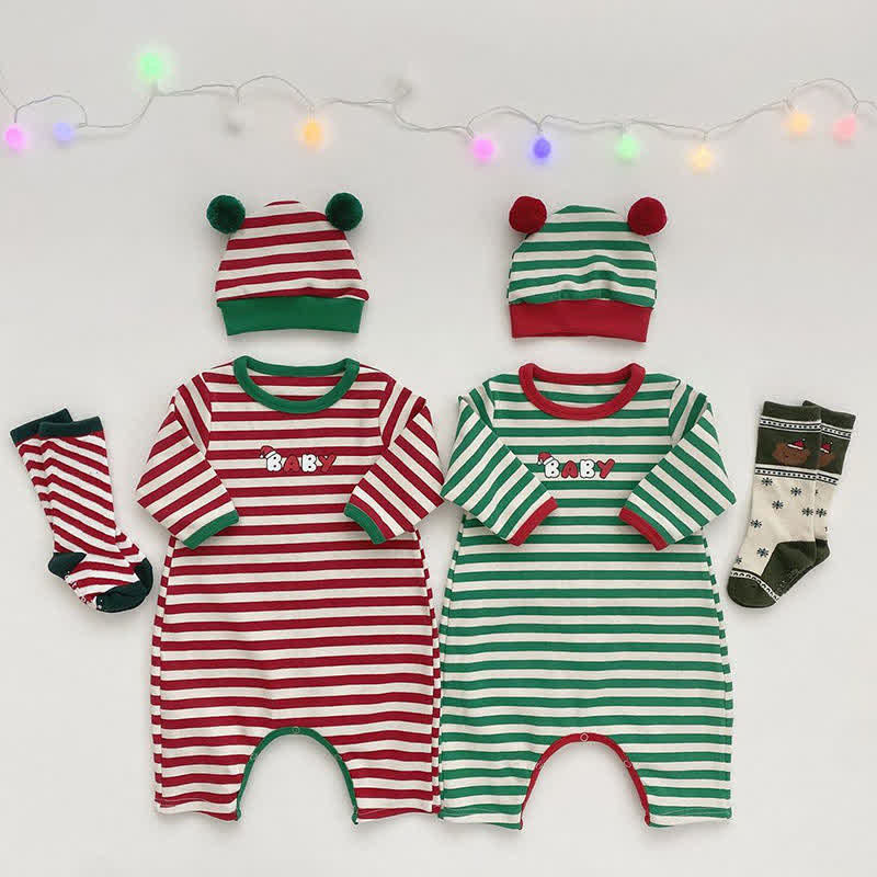 BABY Christmas Color Stripe Romper with Hat