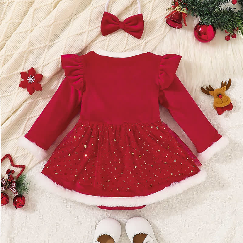 Baby Christmas Red Skirted Bodysuit with Headband