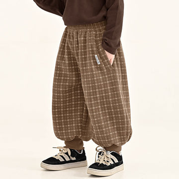 Toddler Corduroy Brown Plaid Loose Pants