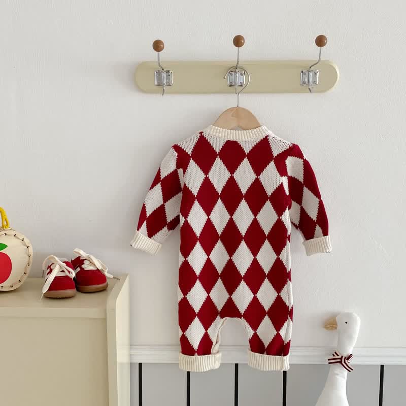 Baby Red Diamond Check Knit Romper