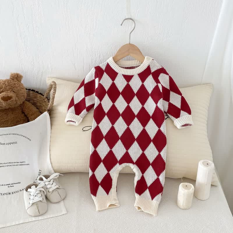 Baby Red Diamond Check Knit Romper