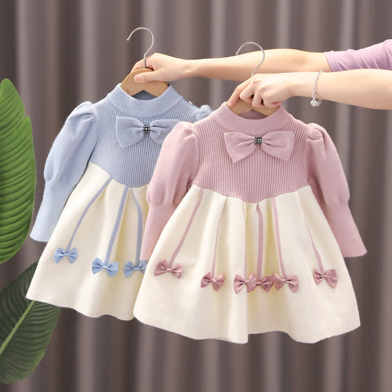 Toddler Puff Sleeves Bows Knitted Dress