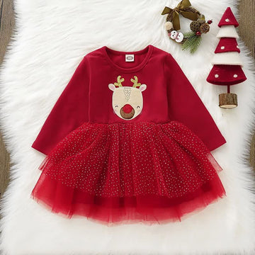 Toddler Cute Elk Tulle Red Dress