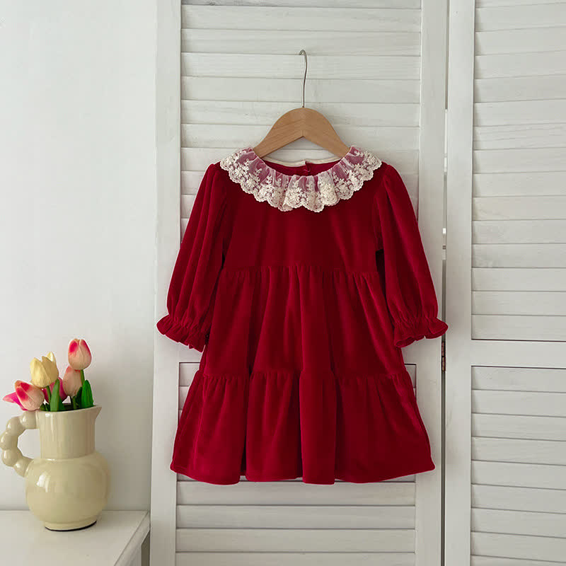 Toddler Embroidered Lace Collar Velvet Dress