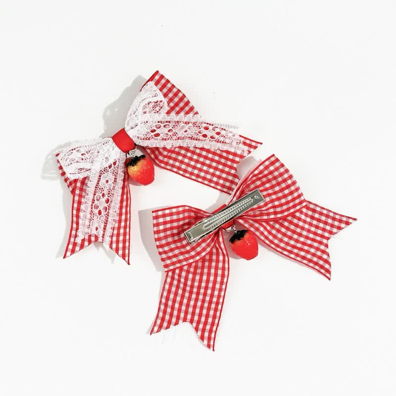 1 Pair Baby Strawberry Plaid Bow Hair Clips