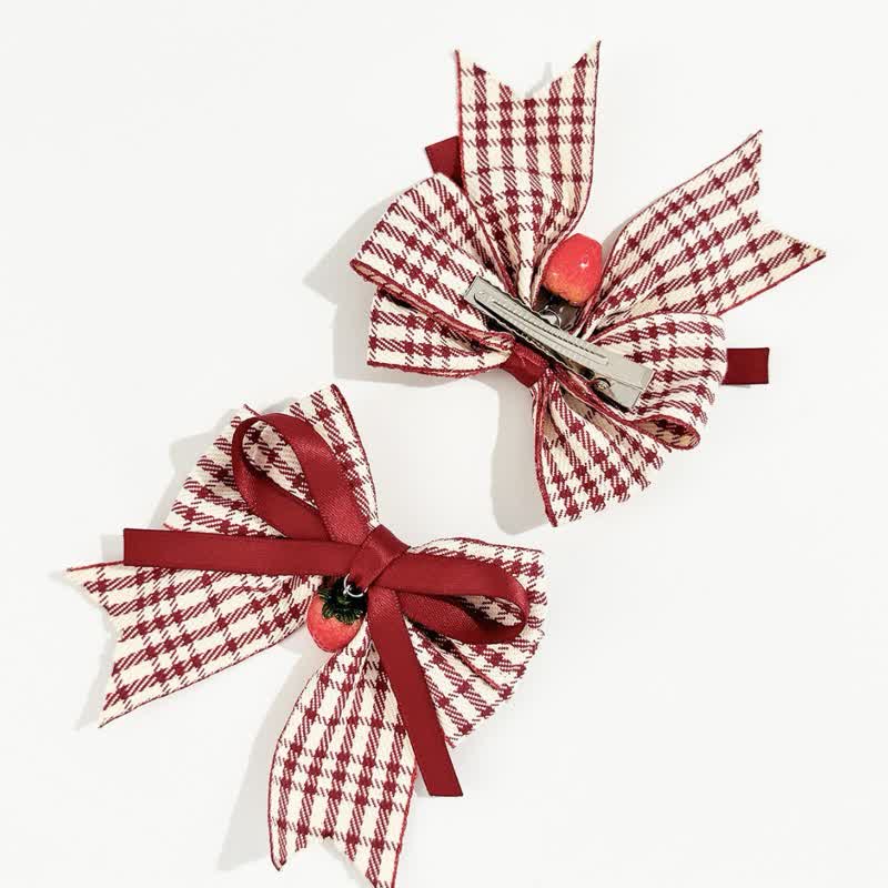 1 Pair Baby Strawberry Checkered Bow Hair Clips