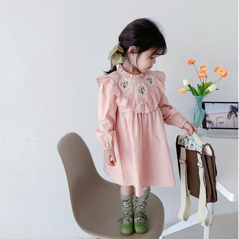 Toddler Embroidered Flowers Lace Pink Dress