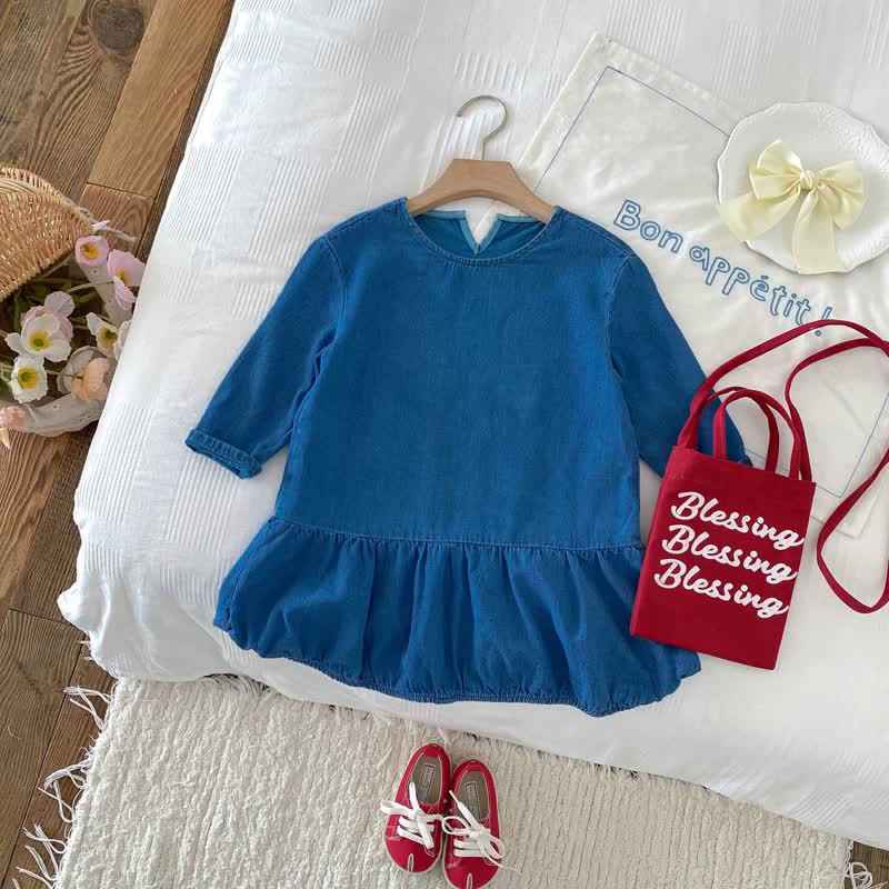 Toddler Solid Color Denim Blue Simple Dress