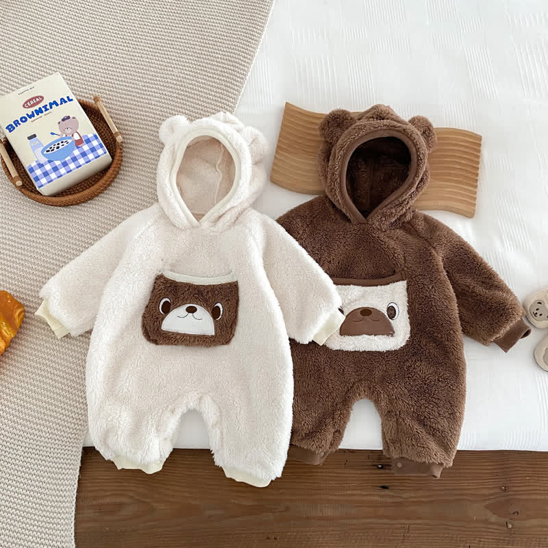 Baby Bear Pocket Hooded Plush Romper