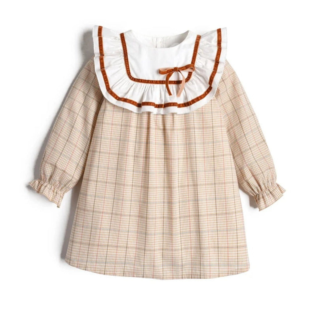 Beige Tartan Long Sleeve Girl Dress