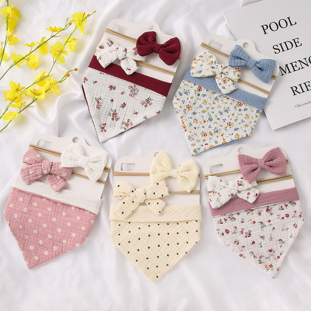 3Pcs Baby Muslin Cotton Bib Bow Headband