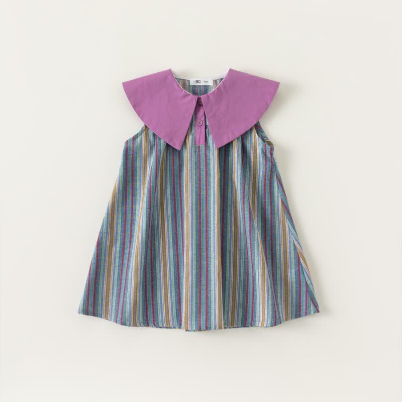 Toddler Girl Striped Lapel Collar Sleeveless Dress