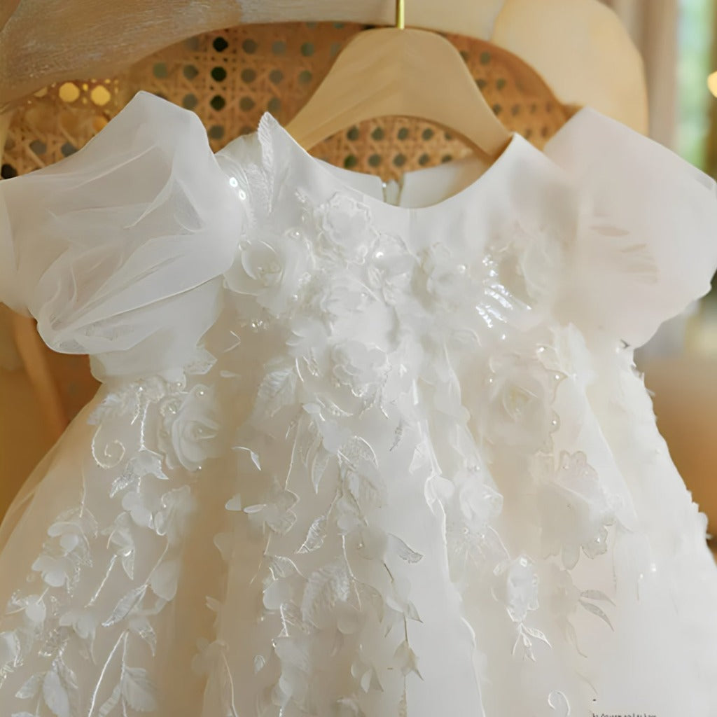 All White Tulle Flower Girl Dress with Ribbon Bow