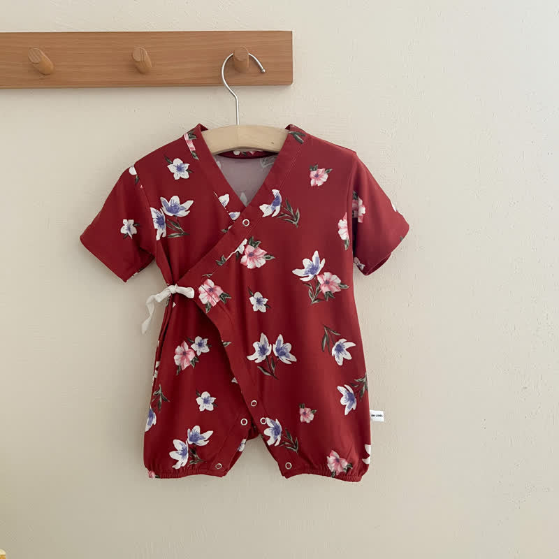 Baby Red Flower Kimono Pajamas Romper