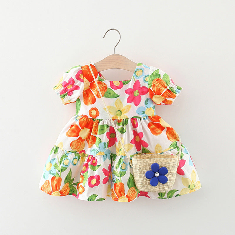 Baby Color Block Flower Dress with Bag